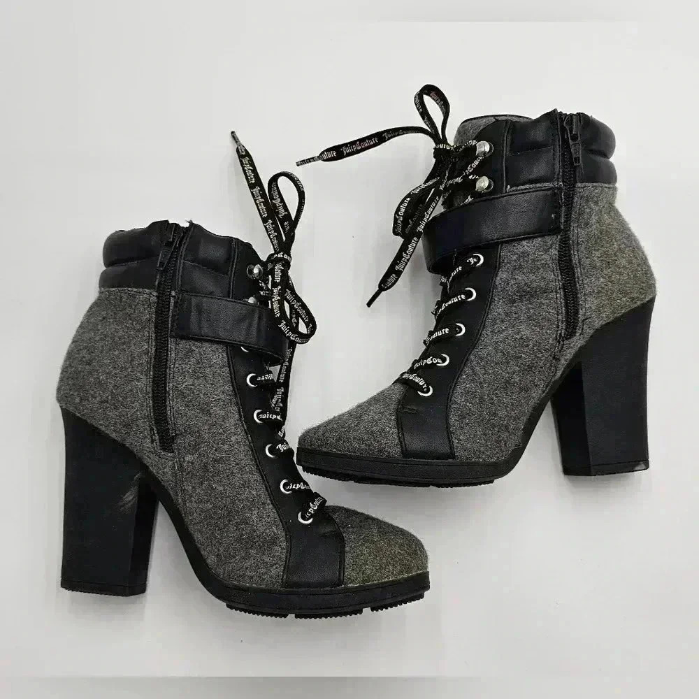 Juicy Couture Womens Size 6.5 Lace Up Grey Wool Heeled Boots - Picture 5 of 7